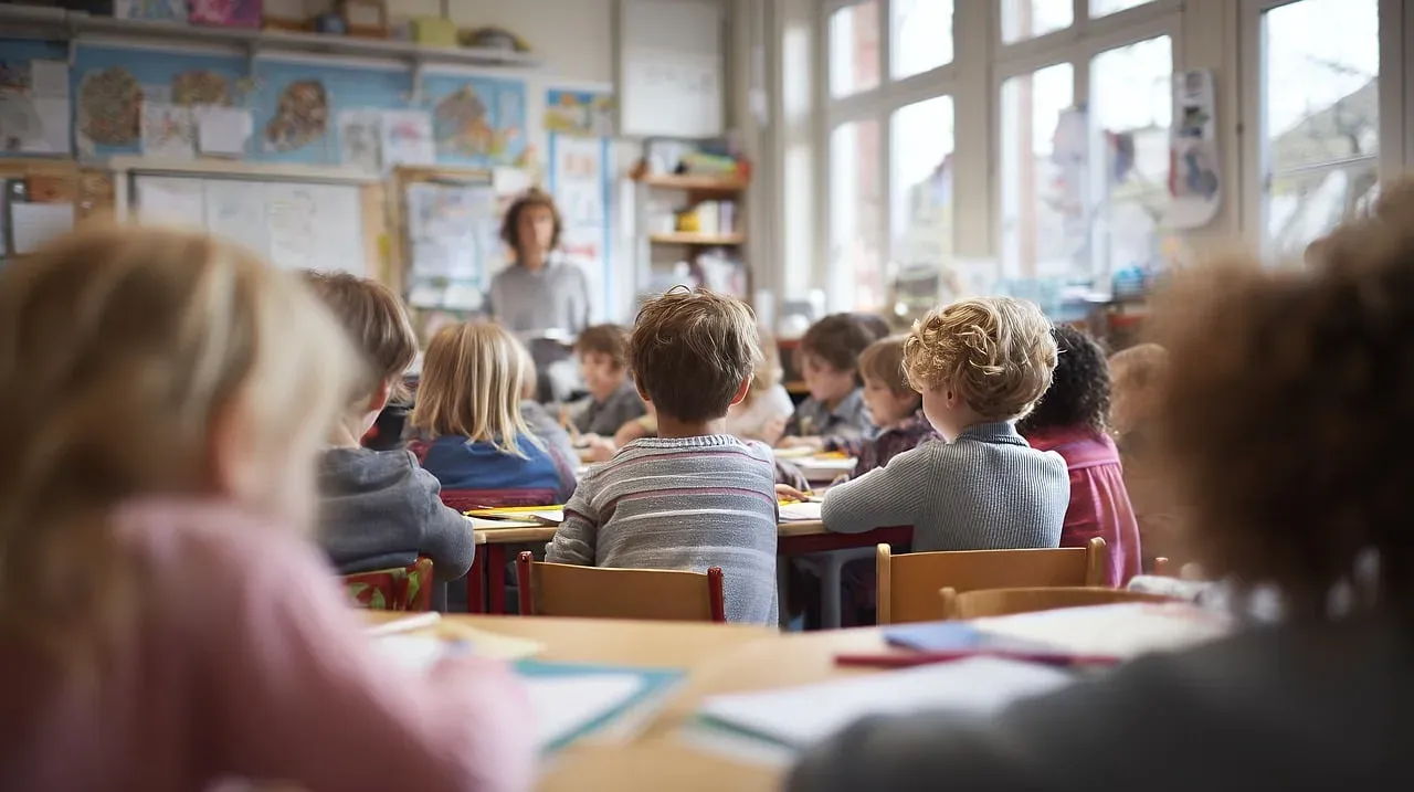 Salle de classe vue depuis le fond : des élèves assis à leur table, tournés vers l'enseignante debout devant le tableau, de grandes fenêtres sur la gauche.